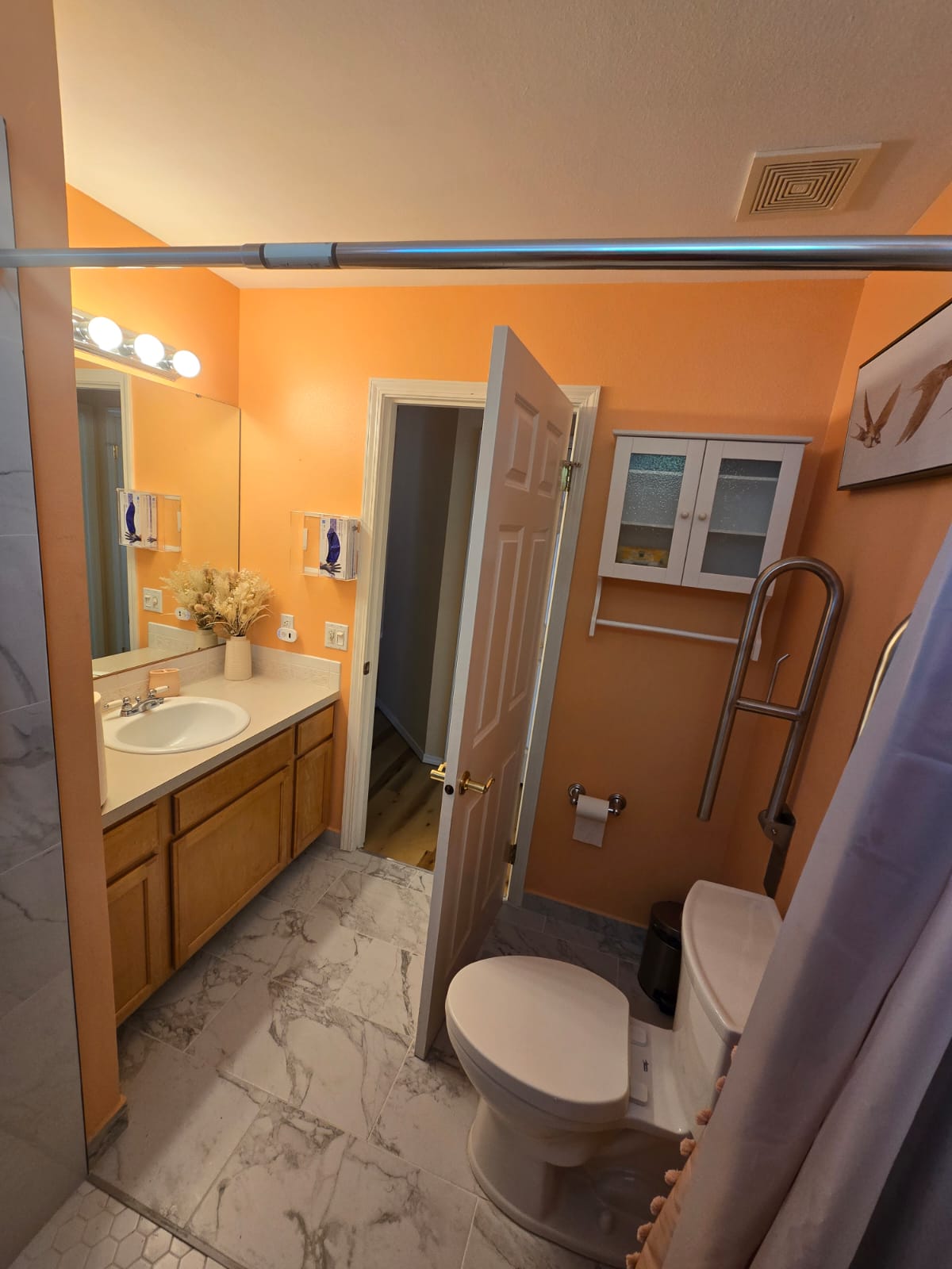 Safe accessible bathroom showing robust assistance rail systems